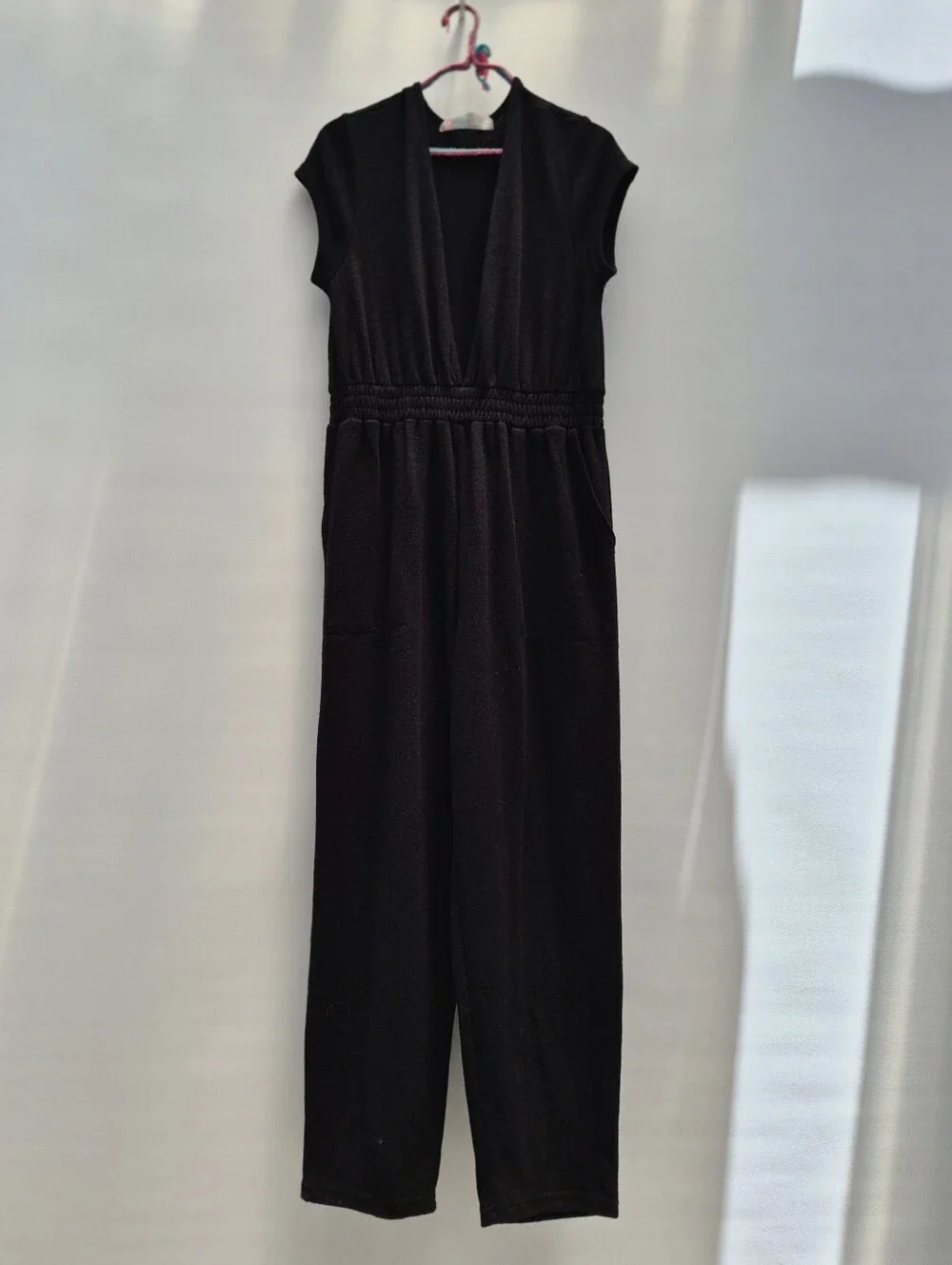 Free People Beach Rita Jumpsuit M Black Terry Knit Deep V Minimalist Resortwear
